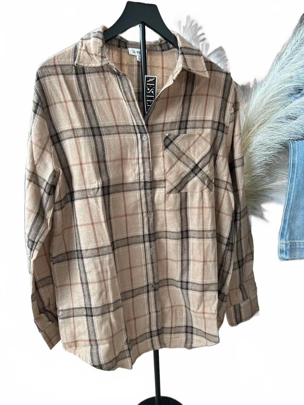 NEW LA MIEL women's plaid loose fit button down shirt in tan